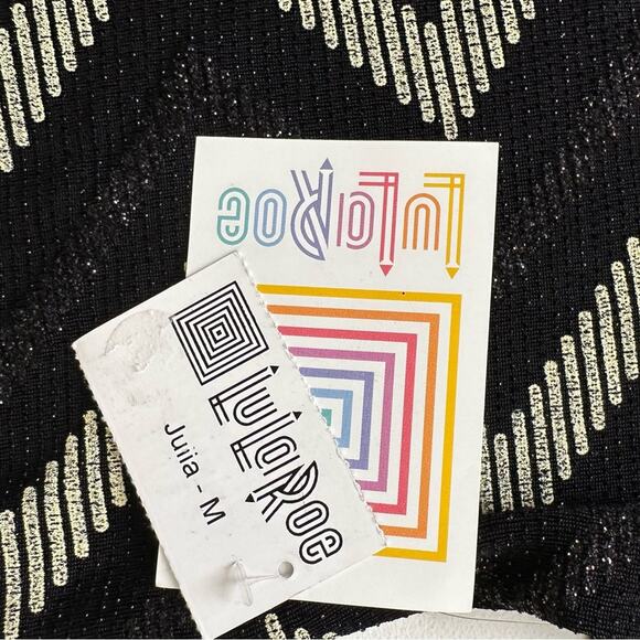 LuLaRoe Dress Julia Black Gold Glitter Chevron 1/2 Sleeve Elegant Medium NEW - Picture 8 of 12